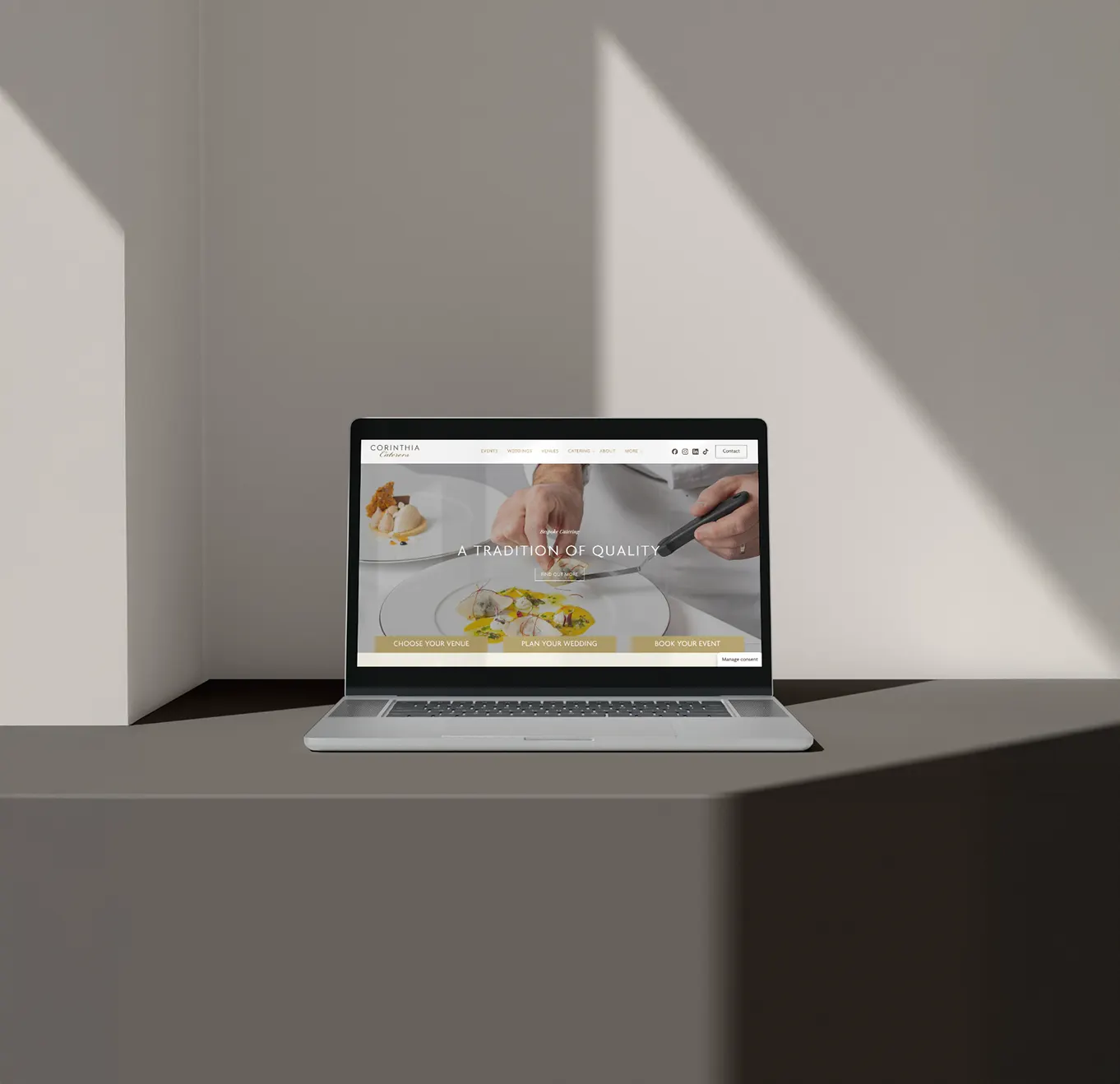 Corinthia Caterers website on a laptop, built by Haystack with Gro